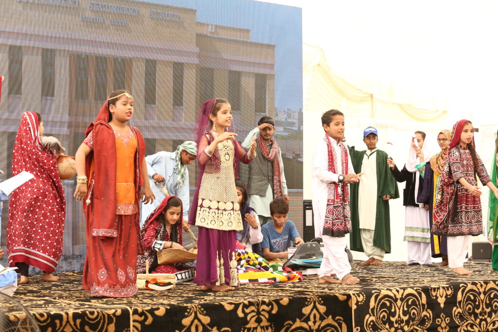 Children perform a tableau at Karachi school inauguration