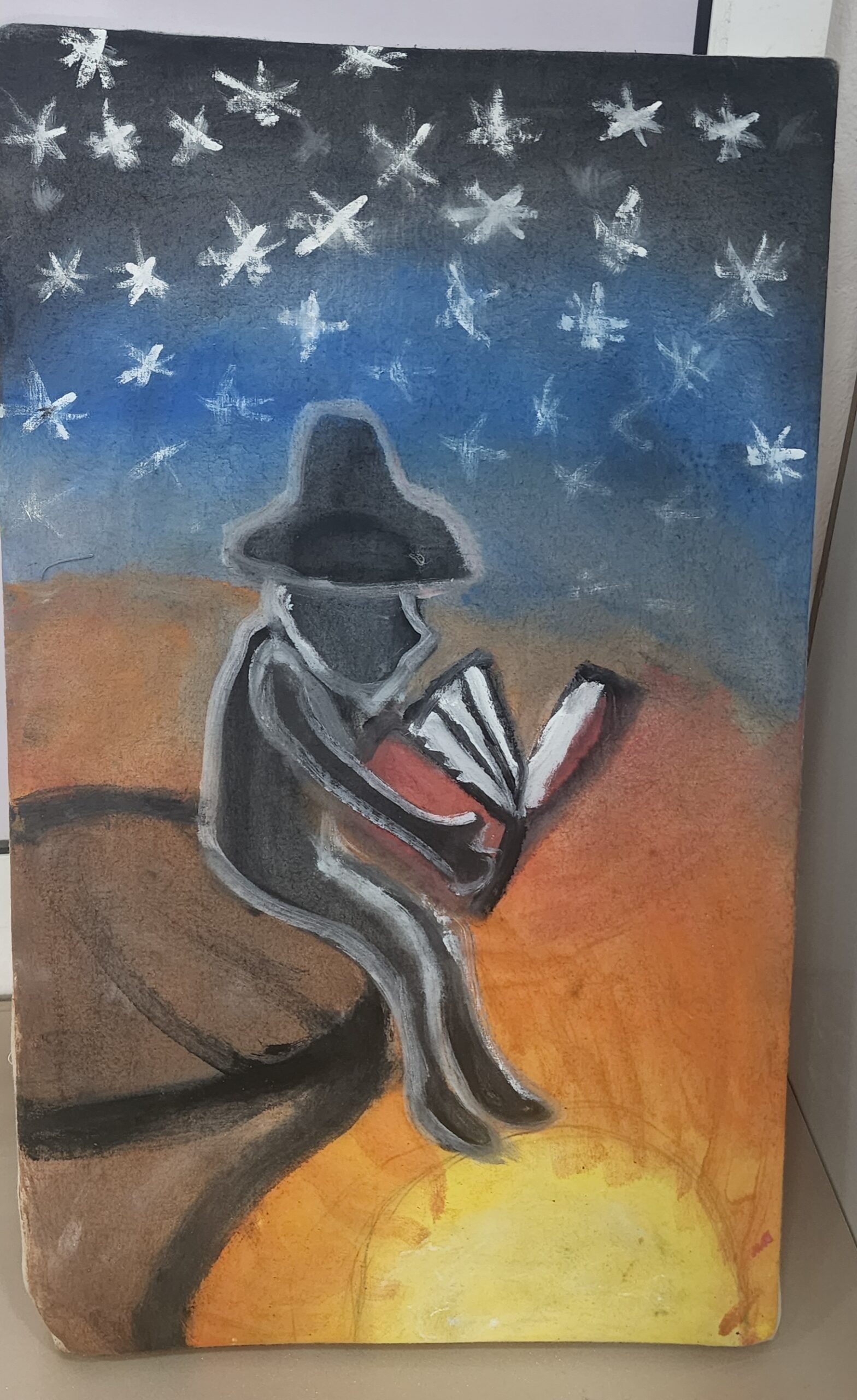 art painting of man reading a book