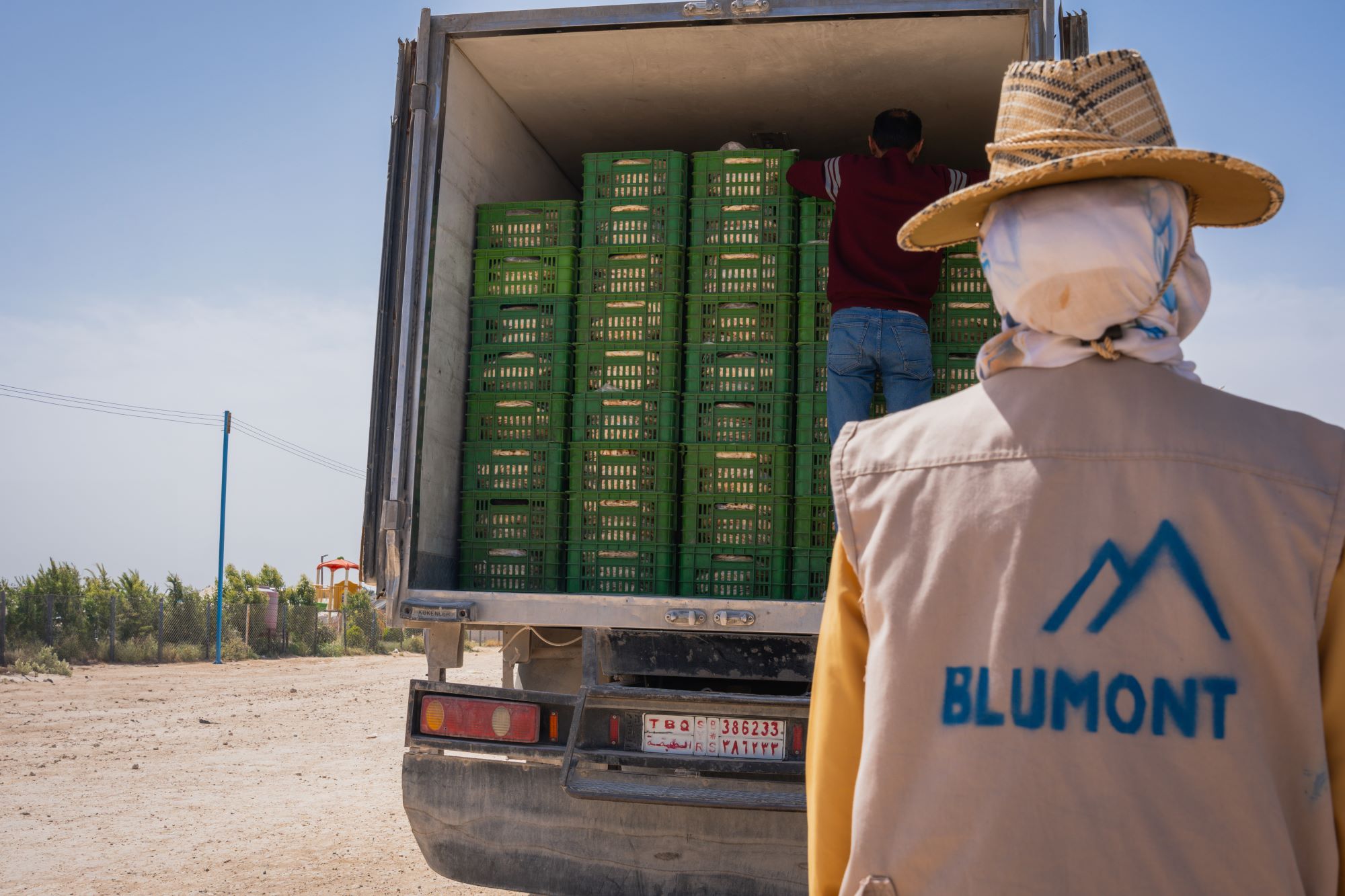 a woman humanitarian workers stands at the back of a truck delivering bread